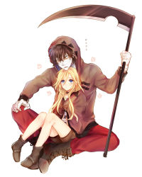 Rule 34 | ..., 10s, 1boy, 1girl, bad id, bad pixiv id, bandages, black jacket, blonde hair, blue eyes, boots, brown eyes, brown footwear, brown hair, brown shorts, chin rest, hair between eyes, hand on own knee, head on head, holding, holding scythe, hood, hood up, hooded jacket, isaac foster, jacket, long hair, open clothes, open jacket, pants, rachel gardner, red pants, satsuriku no tenshi, scythe, shirt, short shorts, shorts, simple background, striped clothes, striped shirt, white background, yuli (yulipo)