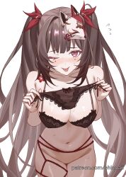 Rule 34 | 1girl, ;p, bare shoulders, black bra, black panties, blush, bottomless, bow, bow panties, bra, brown hair, chinoa, commentary, cowboy shot, facial mark, fox mask, groin, hair ribbon, highres, holding, holding clothes, holding panties, holding underwear, honkai: star rail, honkai (series), long hair, looking at viewer, mask, mask on head, one eye closed, panties, pink eyes, red ribbon, ribbon, simple background, solo, sparkle (honkai: star rail), standing, thighs, tongue, tongue out, twintails, underwear, very long hair, white background