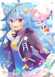 Rule 34 | 1girl, :d, ahoge, animal ear fluff, animal ears, arcadia zero, black jacket, blue hair, blue shirt, blush, commentary request, crescent, crescent hair ornament, drawstring, fang, hair between eyes, hair ornament, hairclip, hand up, hood, hood down, hooded jacket, indie virtual youtuber, jacket, kou hiyoyo, long hair, long sleeves, looking at viewer, open mouth, pleated skirt, print shirt, purple eyes, shirt, skirt, sleeves past wrists, smile, solo, tail, very long hair, virtual youtuber, white skirt