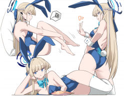 Rule 34 | 1girl, animal ears, arm support, armpit crease, ass, azu ankoowl, bare shoulders, barefoot, blonde hair, blue archive, blue bow, blue bowtie, blue eyes, blue hair, blue leotard, bow, bowtie, braid, breasts, chips (food), cleavage, collarbone, commentary, detached collar, eating, fake animal ears, fake tail, feet, food, french braid, from behind, from side, hair bow, half updo, halo, hand on own hip, highres, leotard, looking at viewer, lying, medium breasts, multicolored hair, multiple views, on side, pillow, playboy bunny, potato chips, pout, rabbit ears, rabbit tail, reclining, sideboob, solo, spoken squiggle, squiggle, standing, streaked hair, tail, thighhighs, thighs, toes, toki (blue archive), toki (bunny) (blue archive), v, white thighhighs, wrist cuffs