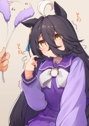 1girl 1other absurdres animal_ears black_hair bow bowtie cat_teaser ear_tag earrings hair_between_eyes hand_up hibiki_(zerocodo) highres horse_ears horse_girl jewelry long_bangs long_hair long_hair_between_eyes manhattan_cafe_(umamusume) motion_lines multicolored_hair pleated_skirt purple_shirt purple_skirt school_uniform shirt shirt_tucked_in single_earring skirt solo_focus tracen_school_uniform translation_request trembling umamusume very_long_hair white_bow white_bowtie white_hair yellow_eyes