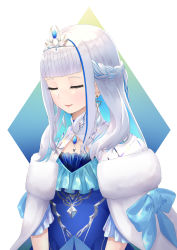 Rule 34 | 1girl, absurdres, blue bow, blue dress, blue hair, bow, braid, cloak, closed eyes, closed mouth, commentary request, dress, earrings, fur-trimmed cloak, fur trim, headpiece, highres, jewelry, light smile, lize helesta, lize helesta (3rd costume), long hair, multicolored hair, nijisanji, solo, tokisato, two-tone hair, upper body, virtual youtuber, white cloak, white hair