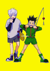Rule 34 | 2boys, black hair, blue eyes, child, commentary, english commentary, finger in own mouth, fishing rod, full body, gon freecss, highres, holding, hunter x hunter, killua zoldyck, long sleeves, looking at viewer, male focus, multiple boys, open mouth, potatofupota, short hair, shorts, simple background, skateboard, sketch, smile, spiked hair, standing, white hair, yellow background