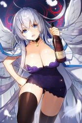Rule 34 | 1girl, ahoge, alcohol, black thighhighs, blue eyes, bottle, breasts, choker, cleavage, d:, dress, feathers, female focus, floating hair, gluteal fold, holding, holding bottle, jacket, jacket on shoulders, lace, lace-trimmed dress, lace trim, large breasts, long hair, long sleeves, magic circle, open mouth, purple dress, short dress, sigma (sword girls), solo, strapless, strapless dress, sword girls, thighhighs, upskirt, very long hair, white hair, white wings, whoisshe, wine, wine bottle, wings