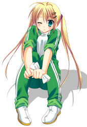 Rule 34 | 1girl, antenna hair, blonde hair, blue eyes, blush, dustcloth, full body, hair ornament, hairclip, highres, jacket, knees together feet apart, long hair, one eye closed, open clothes, open jacket, original, sesena yau, shoes, simple background, sitting, sleeves rolled up, solo, squatting, tears, track suit, twintails, v arms, wince, wink