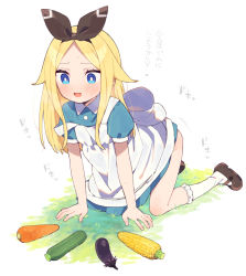 Rule 34 | 1girl, alice (moyori), all fours, apron, black footwear, black hairband, blonde hair, blue dress, blue eyes, blush, carrot, commentary request, corn, cucumber, dress, eggplant, food, hairband, kneehighs, long hair, mary janes, moyori, open mouth, original, parted bangs, puffy short sleeves, puffy sleeves, shoes, short sleeves, smile, socks, solo, translated, vegetable, white apron, white socks
