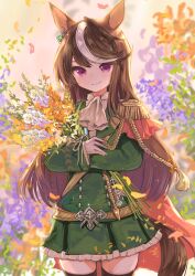 Rule 34 | 1girl, aiguillette, animal ears, artist name, ascot, black thighhighs, bouquet, brown hair, cape, closed mouth, commentary, cowboy shot, day, dress, earrings, epaulettes, flower, frilled dress, frills, gloves, green dress, harunohotaru, highres, holding, holding bouquet, horse ears, horse girl, horse tail, jewelry, long hair, long sleeves, looking at viewer, multicolored hair, orange flower, outdoors, petals, pleated dress, purple eyes, red cape, short dress, signature, single earring, single epaulette, smile, solo, sparkle, standing, streaked hair, symboli rudolf (umamusume), tail, thighhighs, umamusume, white ascot, white flower, white gloves, white hair, wind