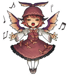 Rule 34 | 1girl, animal ears, bad id, bad pixiv id, bow, closed eyes, female focus, full body, hat, mitsuki32k, music, musical note, mystia lorelei, open mouth, outstretched arms, outstretched hand, pantyhose, pink hair, shoes, short hair, simple background, singing, solo, standing, touhou, white background, white pantyhose, winged hat, wings