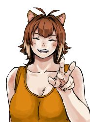 Rule 34 | 1girl, animal ears, antenna hair, bad id, bad pixiv id, blazblue, breasts, brown hair, casual, closed eyes, cryolite, female focus, large breasts, makoto nanaya, open mouth, orange shirt, shirt, short hair, simple background, smile, solo, squirrel ears, tank top, v