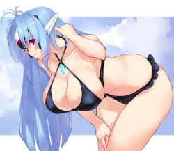 Rule 34 | 1girl, android, antenna hair, bent over, bikini, black bikini, blue hair, breasts, cleavage, cloud, commentary request, criss-cross halter, day, halterneck, hanging breasts, headgear, highres, kos-mos, kos-mos re:, large breasts, leaning forward, long hair, looking at viewer, negresco, nintendo, parted lips, red eyes, sky, solo, standing, swimsuit, xenoblade chronicles (series), xenoblade chronicles 2, xenosaga