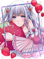 Rule 34 | 1girl, absurdres, alternate costume, aoi sakura 3 (vtuber), blue eyes, blue hair, blush, bow, closed mouth, detached sleeves, dot nose, double bun, food, food-themed hair ornament, food-themed ornament, food-themed pillow, food on face, frills, fruit, hair bow, hair bun, hair ornament, haruno fuyuki, highres, indie virtual youtuber, jewelry, light blue hair, long hair, looking at viewer, lying, necklace, on stomach, pearl necklace, pink sleeves, simple background, solo, strawberry, strawberry hair ornament, striped border, striped sleeves, two side up, virtual youtuber, white background, white bow