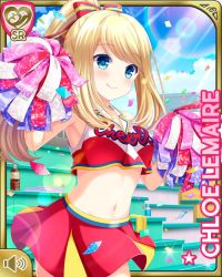 Rule 34 | 1girl, armpits, arms up, blonde hair, blue eyes, character name, cheerleader, chloe lemaire, cloud, confetti, crop top, day, girlfriend (kari), long hair, midriff, miniskirt, navel, official art, outdoors, pom pom (cheerleading), ponytail, qp:flapper, red shirt, red skirt, ribbon, shirt, skirt, sky, sleeveless, sleeveless shirt, smile, solo