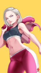 Rule 34 | 1girl, absurdres, android 18, black bra, blue eyes, bra, breasts, closed mouth, collarbone, cowboy shot, dragon ball, dragonball z, earrings, highres, holding, holding clothes, holding jacket, jacket, unworn jacket, jewelry, kanchiyo, looking at viewer, medium breasts, midriff, navel, pants, red jacket, red pants, shiny skin, short hair, silver hair, simple background, solo, sports bra, standing, stomach, underwear, yellow background