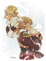 Rule 34 | 1boy, 1girl, absurdres, annoyed, ass grab, blonde hair, blush, braid, carrying, carrying over shoulder, coat, couple, crossed arms, elf, findoworld, gloves, hair ornament, highres, holding, link, looking at another, nintendo, on shoulder, pointy ears, pout, princess zelda, short hair, the legend of zelda, the legend of zelda: tears of the kingdom, winter clothes