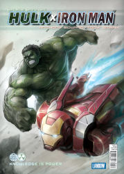 Rule 34 | 2boys, abs, armor, barcode, black hair, blurry, character name, clenched teeth, colored skin, cover, fake cover, green eyes, green skin, highres, hulk, iron man, lanbow2000, male focus, marvel, multiple boys, muscular, power armor, teeth, tony stark, topless male, veins