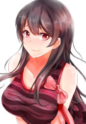 Rule 34 | 1girl, absurdres, bare arms, bare shoulders, black hair, blush, bow, breasts, closed mouth, collarbone, hair between eyes, highres, large breasts, leaning forward, long hair, looking at viewer, original, red bow, red eyes, smile, solo, upper body, yeyebirdie