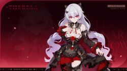 Rule 34 | 1girl, bare shoulders, black dress, breasts, character name, chinese commentary, closed mouth, detached sleeves, dress, earrings, flower, hair between eyes, hair ornament, highres, honkai (series), honkai impact 3rd, jewelry, large breasts, long hair, long sleeves, looking at viewer, theresa apocalypse (luna kindred), official art, official wallpaper, red background, red eyes, red flower, red rose, red theme, rose, smile, solo, theresa apocalypse, theresa apocalypse (lunar vow: crimson love), white hair