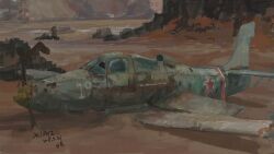 Rule 34 | aircraft, airplane, artist name, chinese commentary, commentary request, dated, day, desert, highres, military vehicle, mountain, no humans, original, outdoors, p-39 airacobra, scenery, signature, wreckage, xilmo