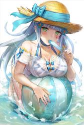 Rule 34 | 1girl, ball, beachball, bikini, blue bikini, blunt bangs, blush, breasts, choker, cleavage, collarbone, facial mark, food, girls&#039; frontline, green eyes, hair ornament, hat, hat ribbon, himonoata, hk416 (girls&#039; frontline), holding, holding food, kneeling, large breasts, leaning forward, long hair, looking at viewer, off-shoulder shirt, off shoulder, popsicle, ribbon, see-through, shirt, short sleeves, sidelocks, silver hair, solo, straw hat, sun hat, swimsuit, teardrop, very long hair, wading, wet, wet clothes, wet shirt, white shirt