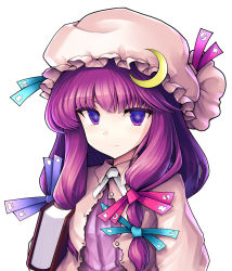 Rule 34 | 1girl, book, closed mouth, crescent, crescent hat ornament, dress, ebizome, hat, hat ornament, long hair, long sleeves, mob cap, patchouli knowledge, purple dress, purple eyes, purple hair, purple hat, simple background, smile, solo, striped clothes, striped dress, touhou, upper body, vertical-striped clothes, vertical-striped dress, white background