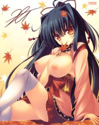 Rule 34 | 1girl, 2-g, absurdres, arm between breasts, autumn leaves, between breasts, black hair, blonde hair, blush, breasts, brown eyes, brown hair, falling leaves, highres, japanese clothes, kimono, kimono skirt, knee up, large breasts, leaf, long hair, looking at viewer, maple leaf, nipples, open clothes, open kimono, ouma mizuki, over-kneehighs, sitting, skirt, solo, tensei kunitori sex gassen!!, thighhighs, thighs, white thighhighs