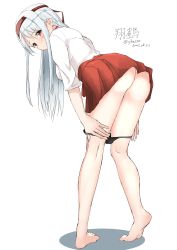 Rule 34 | 10s, 1girl, 2016, absurdres, artist name, ass, bare legs, barefoot, black panties, blush, breasts, dated, eyebrows, from behind, full body, headband, highres, irukatto, kantai collection, leaning forward, long hair, looking back, medium breasts, panties, panty pull, pleated skirt, red eyes, red skirt, shirt, short sleeves, shoukaku (kancolle), silver hair, simple background, skirt, solo, standing, underwear, undressing, upskirt, white background, white shirt