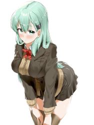Rule 34 | 1girl, aqua eyes, aqua hair, blazer, bow, bowtie, breasts, brown jacket, brown skirt, brown thighhighs, cardigan, cowboy shot, gekiteki na beefsteak, hair ornament, hairclip, hands on own thighs, highres, jacket, kantai collection, large breasts, long hair, pleated skirt, red bow, red bowtie, school uniform, simple background, skirt, solo, standing, suzuya (kancolle), thighhighs, white background