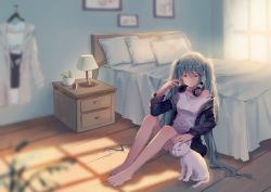 Rule 34 | 1girl, animal, bad id, bad pixiv id, barefoot, bed, bedroom, cat, hatsune miku, headphones, headphones around neck, highres, indoors, long hair, mimengfeixue, off shoulder, headpat, plant, potted plant, sitting, twintails, very long hair, vocaloid, window
