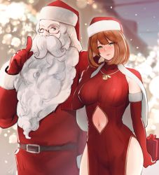 Rule 34 | 1boy, 1girl, beard, bell, belt, blush, box, breasts, brown hair, cape, clothing cutout, covered erect nipples, dress, elbow gloves, facial hair, finger to mouth, fur trim, gift, gift box, gloves, green eyes, hat, hayabusa (vert 320), highres, hip focus, index finger raised, large breasts, looking at viewer, mole, mole under eye, mole under mouth, navel, navel cutout, nose blush, one eye closed, original, pelvic curtain, red cape, red dress, red gloves, ribbed dress, santa claus, santa hat, short hair, shushing, side slit, sweater, sweater dress, white hair