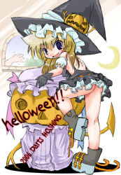 Rule 34 | 00s, 1girl, 2006, black gloves, blonde hair, breasts, female focus, flat chest, food-themed hair ornament, gloves, hair ornament, halloween, hat, jack-o&#039;-lantern, kirisame marisa, looking at viewer, no bra, no panties, open mouth, patchouli knowledge, pumpkin, pumpkin hair ornament, shoes, sideboob, skirt, small breasts, solo, touhou, typo, white background, witch hat