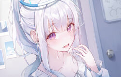 Rule 34 | 1girl, absurdres, alternate costume, alternate hairstyle, blue archive, blush, breasts, cleavage, collarbone, door, e name, grey hair, halo, highres, indoors, long hair, long sleeves, looking at viewer, mechanical halo, medium breasts, noa (blue archive), open mouth, photo (object), ponytail, portrait, purple eyes, smile, solo