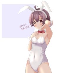 Rule 34 | 1girl, ame-san, animal ears, bow, bowtie, commentary request, cowboy shot, dated, detached collar, fake animal ears, highres, kantai collection, leotard, playboy bunny, purple eyes, purple hair, rabbit ears, red bow, red bowtie, sakawa (kancolle), short hair, solo, strapless, strapless leotard, twitter username, white background, white leotard, wrist cuffs