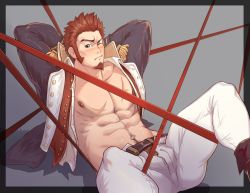 Rule 34 | 1boy, abs, alternate facial hair, arms behind head, ass, bara, bare pectorals, blue eyes, blush, brown hair, bulge, cross scar, dogephalus, epaulettes, facial hair, fate/grand order, fate (series), feet out of frame, fringe trim, goatee, highres, jacket, large pectorals, leather, leather jacket, long sideburns, long sleeves, looking at viewer, male focus, male pubic hair, mature male, military, military uniform, muscular, muscular male, napoleon bonaparte (fate), navel, navel hair, nipples, open clothes, open jacket, open pants, open shirt, pants, pectorals, pubic hair, red ribbon, ribbon, scar, scar on chest, short hair, sideburns, sitting, solo, spread legs, stomach, thighs, uniform, white pants