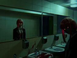 Rule 34 | 1girl, absurdres, bathroom, black jacket, black necktie, blood, blood on clothes, blood on wall, braid, braided ponytail, chainsaw man, collared shirt, crack, cracked glass, dark, different reflection, eyes in shadow, formal, highres, horror (theme), jacket, looking at another, looking at viewer, looking to the side, makima (chainsaw man), medium hair, mirror, necktie, nthndn, red hair, reflection, ringed eyes, shirt, sidelocks, solo, suit, suit jacket, tile wall, tiles, white shirt, yellow eyes