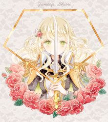 Rule 34 | 1girl, aiguillette, black jacket, blonde hair, character name, covered mouth, cropped torso, epaulettes, floral background, flower, gem, glint, green eyes, green gemstone, grey background, hair flower, hair ornament, hands up, haruhana aya, high collar, holding, holding sword, holding weapon, jacket, jacket on shoulders, lace background, light particles, long hair, long sleeves, looking at viewer, medal, own hands together, red flower, red rose, rose, shoujo kageki revue starlight, shoujo kageki revue starlight -re live-, sidelocks, solo, sword, two-handed, uniform, upper body, wavy hair, weapon, white jacket, yumeoji shiori