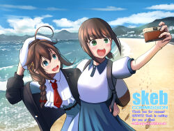 Rule 34 | 2girls, :d, ahoge, arm around waist, backpack, bag, beach, black sweater, blue dress, blue eyes, braid, breasts, brown hair, camera, collared shirt, commentary request, commission, dress, footprints, frills, fubuki (kancolle), green eyes, hair between eyes, hair flaps, hair ornament, hand on headwear, hat, hayato rock, highres, holding, holding camera, holding clothes, holding hat, kantai collection, light blush, long hair, low ponytail, medium breasts, multiple girls, necktie, official alternate costume, open mouth, outdoors, pleated dress, red necktie, shigure (kancolle), shirt, short hair, short sleeves, sidelocks, single braid, skeb commission, smile, sweater, teeth, upper teeth only, white shirt, wing collar