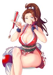 Rule 34 | 1girl, absurdres, breasts, character name, fatal fury, highres, large breasts, ponytail, shiranui mai, simple background, smile, solo, the king of fighters, the king of fighters xv