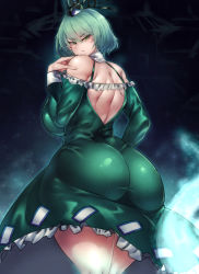 Rule 34 | 1girl, annoyed, ass, back, backless outfit, bare shoulders, breasts, curvy, dress, from behind, ghost tail, green dress, green eyes, green hair, hat, hip focus, huge ass, juliet sleeves, large breasts, long sleeves, looking at viewer, looking back, looking down, pantylines, puffy sleeves, sekiyu (spartan), short hair, sideboob, skin tight, soga no tojiko, solo, tate eboshi, thick thighs, thighs, touhou, wide hips