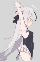 Rule 34 | 1girl, ?, ??, animal ears, armpits, arms up, black dress, blue archive, blush, breasts, brown eyes, china dress, chinese clothes, dress, frilled skirt, frills, from side, gamuo, grey background, grey hair, halo, kokona (blue archive), long hair, miniskirt, multicolored hair, no tail, open mouth, ribbon, simple background, skirt, sleeveless, sleeveless dress, small breasts, solo, streaked hair, striped clothes, striped dress, thighs, tiger ears, tiger girl, vertical-striped clothes, vertical-striped dress, very long hair, white skirt