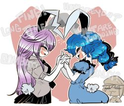 Rule 34 | 3girls, :3, = =, animal ears, black necktie, black skirt, blue dress, blue hair, blush, closed eyes, colored skin, dress, english text, engrish text, eyebrows, flat cap, floppy ears, from side, hat, heart, interlocked fingers, light purple hair, long hair, multiple girls, necktie, open mouth, puffy short sleeves, puffy sleeves, rabbit ears, rabbit tail, ranguage, reisen udongein inaba, ringo (touhou), seiran (touhou), short sleeves, skirt, smile, sparkle, tail, telepathy, touhou, typo, white skin, yt (wai-tei)