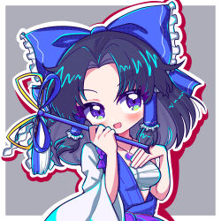 Rule 34 | 1girl, :d, black hair, blue bow, blue ribbon, blue robe, blush, bow, breasts, chest sarashi, commentary request, commission, forehead, frilled bow, frilled hair tubes, frills, gohei, grey background, hair bow, hair tubes, hakurei beimu, hakurei reimu, hand on own chest, hands up, holding, holding stick, jewelry, long hair, long sleeves, medium breasts, necklace, open mouth, outline, parted bangs, purple eyes, ribbon, robe, sarashi, sidelocks, simple background, single bare arm, skeb commission, smile, solo, stick, tassel, touhou, upper body, virie, white outline, wide sleeves