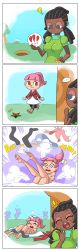Rule 34 | ..., 2girls, 3others, 4koma, ?, absurdres, animal crossing, black hair, blue eyes, blush, breasts, brown eyes, chibi, closed eyes, comic, constricted pupils, dark-skinned female, dark skin, dreadlocks, dress, embarrassed, eyelashes, forest, half-closed eyes, highres, hole, large breasts, laughing, looking down, minuspal, multiple girls, multiple others, nature, nintendo, no panties, nude, open mouth, outdoors, panties, pig snout, pink hair, pitfall, ponytail, public indecency, public nudity, shoes, sky, spoken ellipsis, standing, stuck, thighhighs, twintails, underwear, villager (animal crossing)