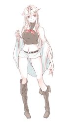 Rule 34 | 1girl, adapted costume, belt, black ribbon, blonde hair, boots, brown footwear, contrapposto, crop top, cross-laced footwear, full body, hair flaps, hair ribbon, kantai collection, lace-up, lace-up boots, long hair, midriff, red eyes, ribbon, rureizi, shawl, simple background, skirt, solo, standing, turtleneck, white background, white skirt, yuudachi (kancolle), yuudachi kai ni (kancolle)