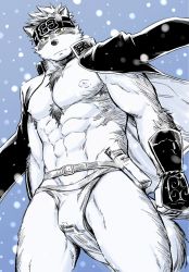 Rule 34 | 1boy, abs, ainu clothes, animal ears, bara, bare pectorals, bulge, chest hair, draw two, feet out of frame, furry, furry male, gakuran, grey hair, headband, horkeu kamui, jacket, jacket on shoulders, large pectorals, looking at viewer, male focus, muscular, muscular male, navel, nipples, pectorals, pelvic curtain, revealing clothes, school uniform, short hair, snowing, solo, stomach, tail, thick thighs, thighs, tokyo houkago summoners, two-tone fur, vambraces, white fur, wind, wolf boy, wolf ears, wolf tail