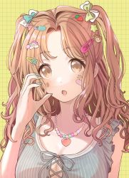 Rule 34 | 1girl, :o, bandaid, bandaid on face, bead necklace, beads, bow, breasts, brown hair, cleavage, cross-laced clothes, hair bow, highres, ichikawa hinana, idolmaster, idolmaster shiny colors, jewelry, long hair, looking at viewer, nail polish, necklace, parted bangs, shirt, solo, sticker on face, striped clothes, striped shirt, tanupon, two side up, upper body, wavy hair