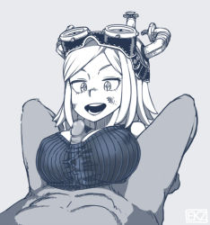 Rule 34 | 10s, 1boy, 1girl, :o, boku no hero academia, breasts, censored, covered erect nipples, ekz (robotekz), goggles, goggles on head, grey background, hat, hatsume mei, hetero, large breasts, long hair, lying, monochrome, mosaic censoring, no bra, open mouth, paizuri, paizuri under clothes, penis, pixelated, simple background, smile, symbol-shaped pupils, tank top, upper body