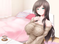 Rule 34 | 1girl, bare shoulders, bed, bed sheet, breasts, brown hair, brown sweater, closed mouth, coffee, coffee cup, collarbone, cup, curtains, disposable cup, fingernails, hand on own chest, hand up, highres, indoors, large breasts, long fingernails, long hair, looking at viewer, midoriiro no shinzou, nail polish, off-shoulder, off-shoulder sweater, off shoulder, original, pillow, pink nails, ribbed sweater, saucer, smile, solo, spaghetti strap, sparkle, steam, striped, striped pillow, sweater