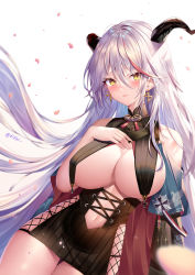 Rule 34 | 1girl, absurdres, aegir (azur lane), azur lane, bare shoulders, black skirt, breast curtains, breasts, brown gloves, chinese commentary, cleavage, commentary request, cowboy shot, cross, earrings, elbow gloves, gloves, hair between eyes, hand on own chest, high-waist skirt, highres, horns, iron cross, jewelry, large breasts, long hair, multicolored hair, navel, parted lips, petals, red hair, revealing clothes, shan far, silver hair, simple background, skirt, smile, solo, straight hair, streaked hair, striped clothes, striped skirt, thigh gap, twitter username, two-tone hair, vertical-striped clothes, vertical-striped skirt, very long hair, white background, yellow eyes