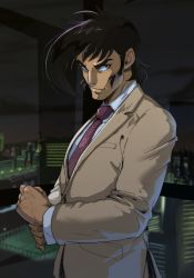 Rule 34 | 1boy, black hair, brown eyes, city, collared shirt, formal, getter robo, getter robo go, hair behind ear, jin hayato, looking to the side, male focus, necktie, red necktie, shirt, smile, solo, suit, upper body, vldhomecenter, white shirt