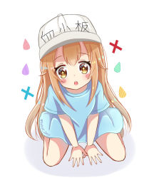 Rule 34 | + +, 10s, 1girl, between legs, blue shirt, blush stickers, brown eyes, commentary request, flat cap, hair between eyes, hand between legs, hat, hataraku saibou, light brown hair, long hair, open mouth, platelet (hataraku saibou), round teeth, satori (ymoy), shirt, short sleeves, sitting, solo, teeth, translation request, twitter username, upper teeth only, very long hair, wariza, water drop, white background, white hat